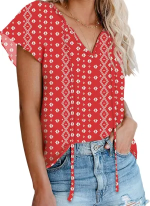 Biucly Women's Casual Boho Floral Print V Neck Long Sleeve Drawstring Tops Loose Blouses Button Down Shirts