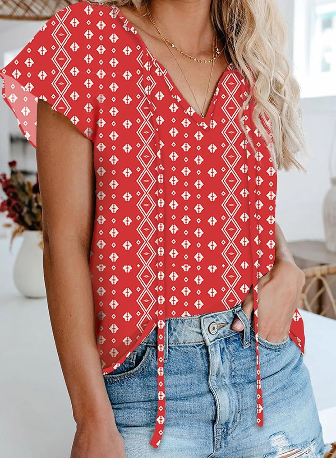 Biucly Women's Casual Boho Floral Print V Neck Long Sleeve Drawstring Tops Loose Blouses Button Down Shirts