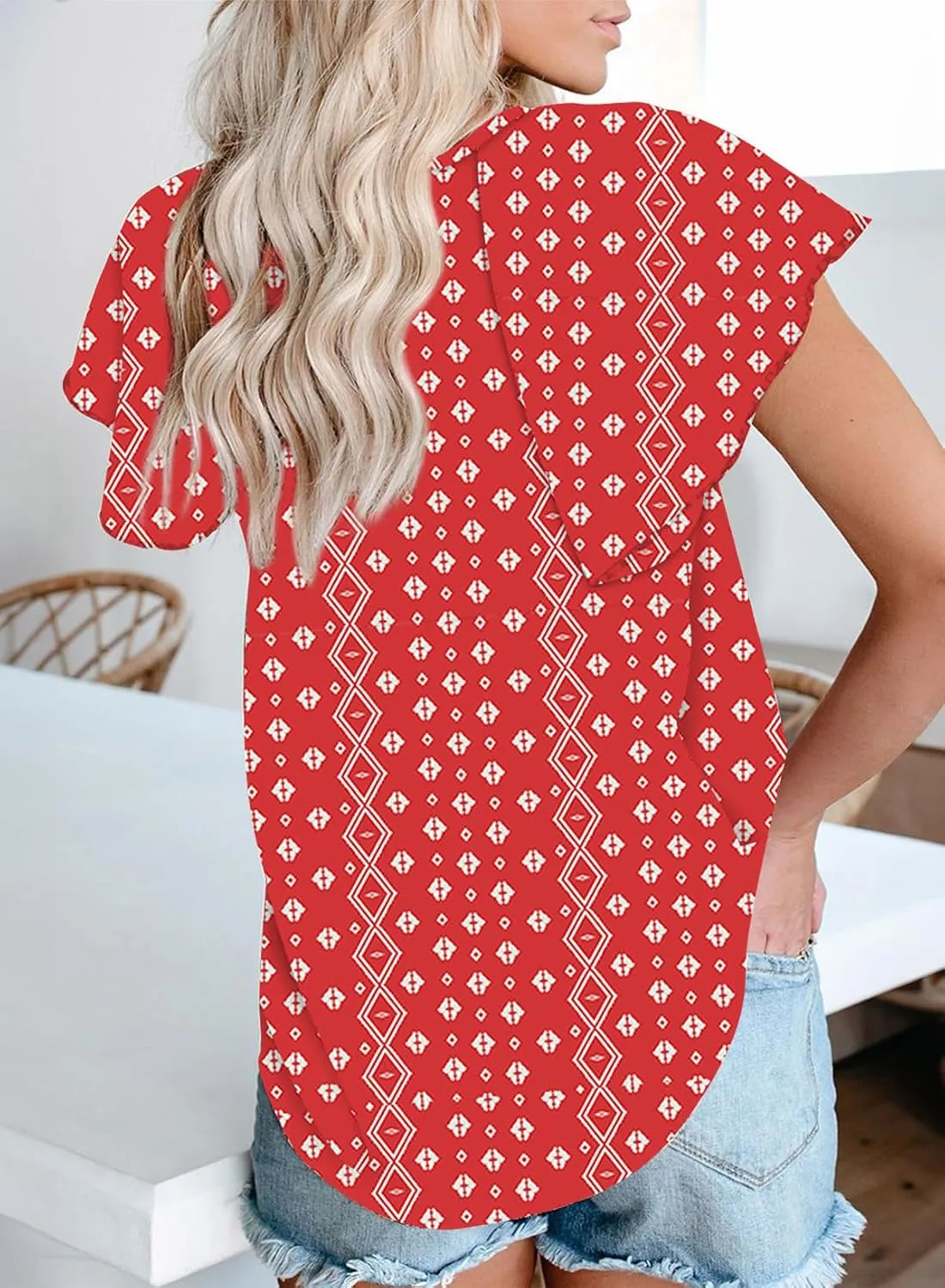 Biucly Women's Casual Boho Floral Print V Neck Long Sleeve Drawstring Tops Loose Blouses Button Down Shirts