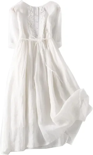 Cotton Linen Maxi Dresses for Women 2025 Button Down Plus Size A Line Dress Trendy 3/4 Sleeve Floral Dress Summer Dresses