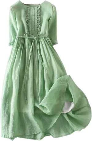 Cotton Linen Maxi Dresses for Women 2025 Button Down Plus Size A Line Dress Trendy 3/4 Sleeve Floral Dress Summer Dresses