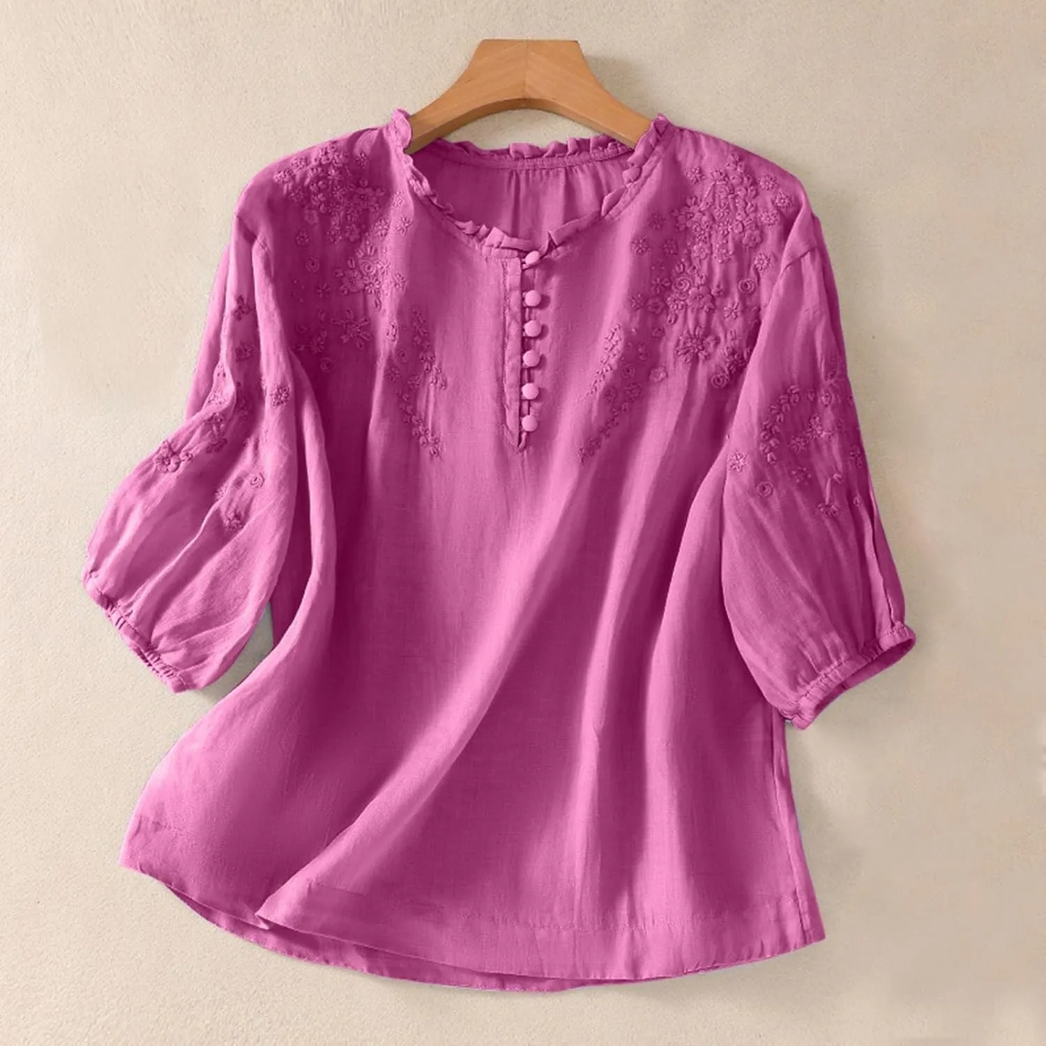 Cotton Linen Shirt for Women 2025 Summer Crewneck Button Embroidered Short Sleeve Boho Blouse Dressy Casual Vacation Top