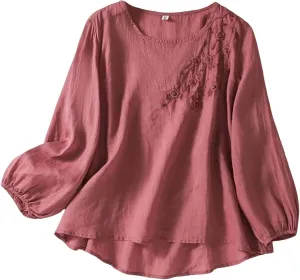 Cotton Linen Shirts for Women 2025 Trendy Summer Floral Embroidered 3/4 Sleeve Flowy Blouse Dressy Casual Boho Tops