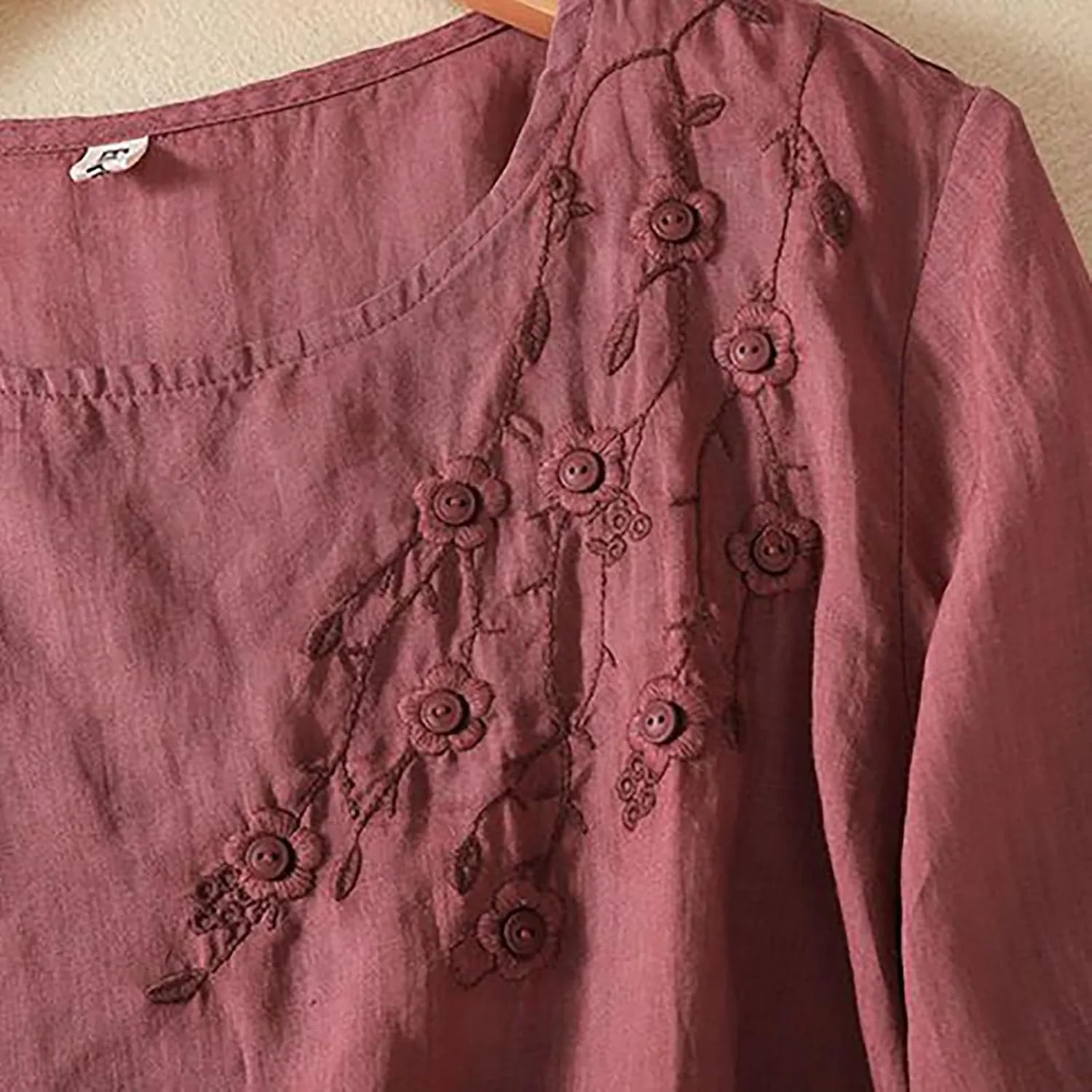 Cotton Linen Shirts for Women 2025 Trendy Summer Floral Embroidered 3/4 Sleeve Flowy Blouse Dressy Casual Boho Tops