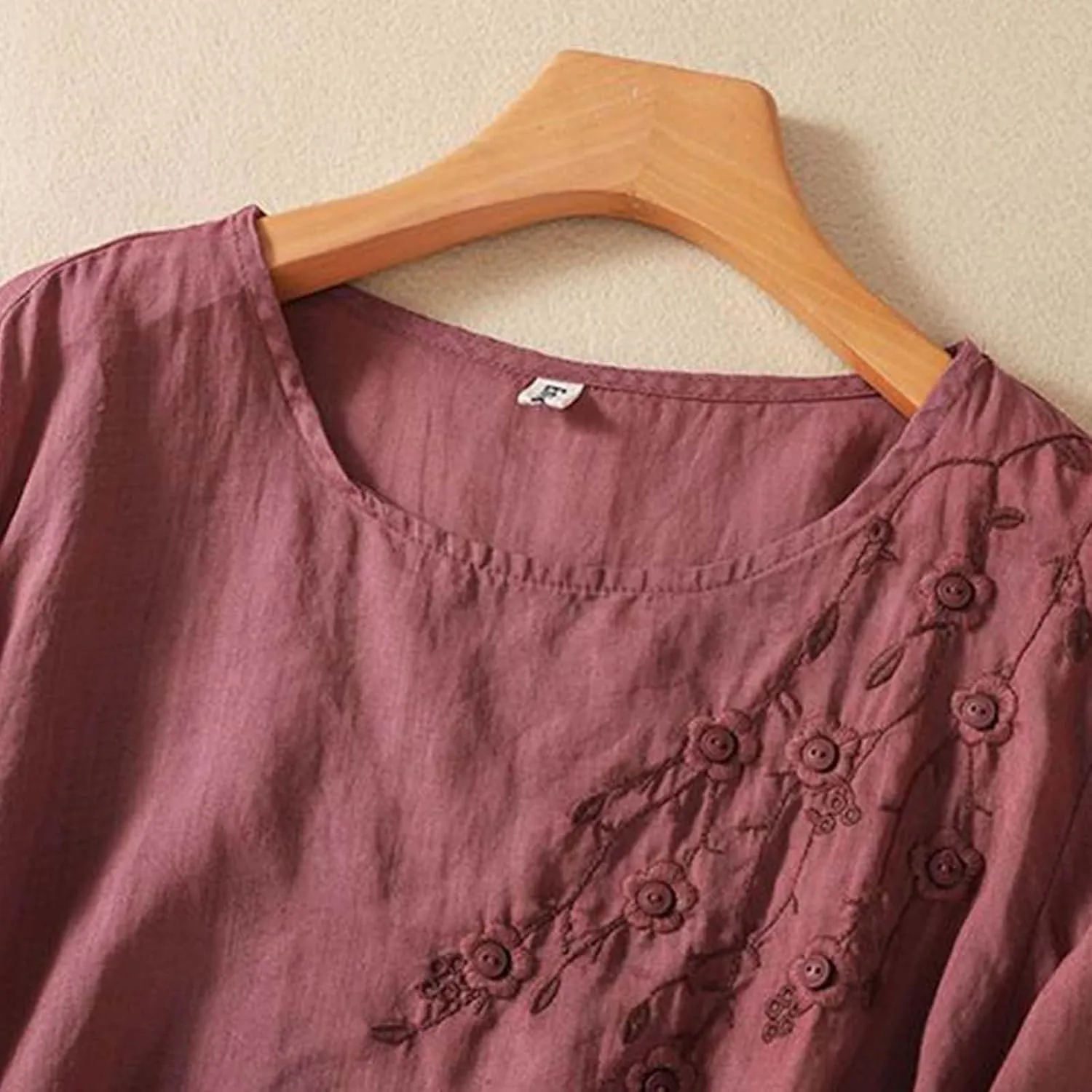 Cotton Linen Shirts for Women 2025 Trendy Summer Floral Embroidered 3/4 Sleeve Flowy Blouse Dressy Casual Boho Tops