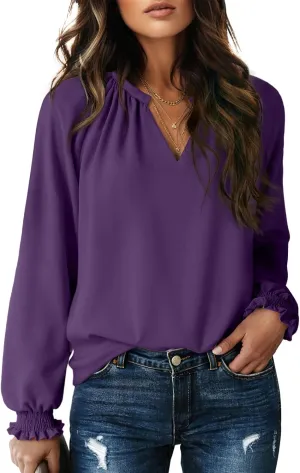 Dokotoo Womens Blouses Fashion Long Sleeve Shirts V Neck Business Casual Tops Spring Summer Outfits 2025