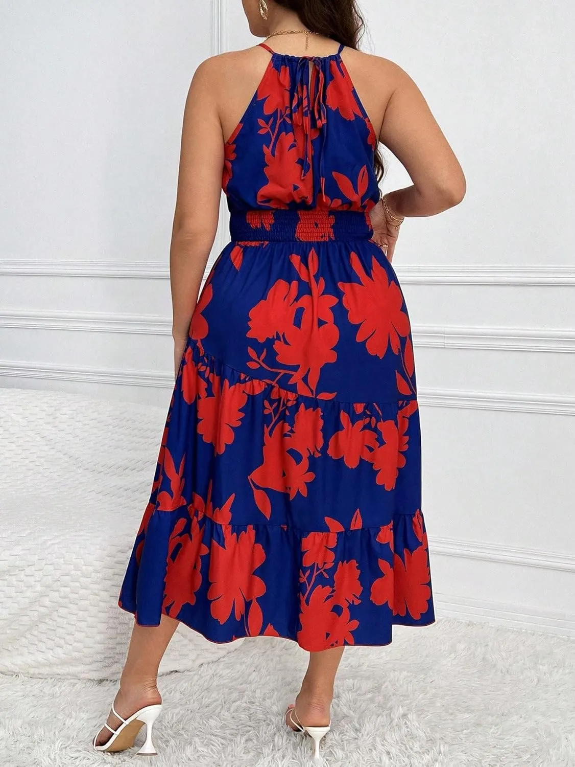 Floerns Women's Plus Size Boho Sleeveless Halter Neck Tie Back A Line Long Dress