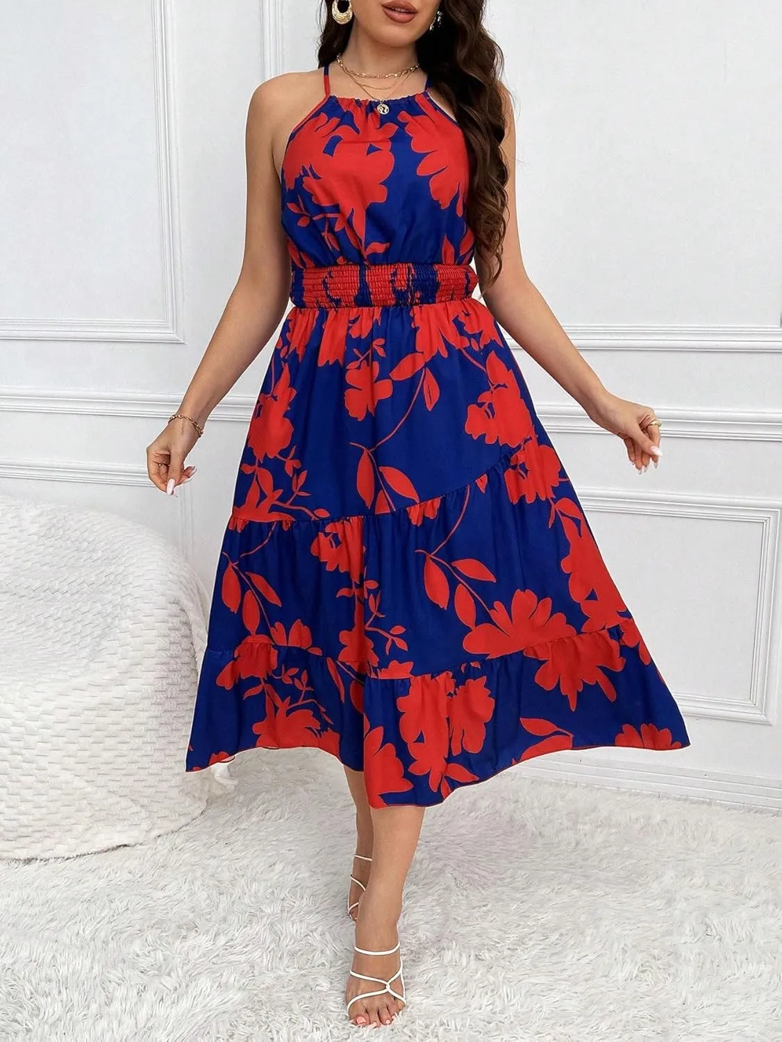 Floerns Women's Plus Size Boho Sleeveless Halter Neck Tie Back A Line Long Dress