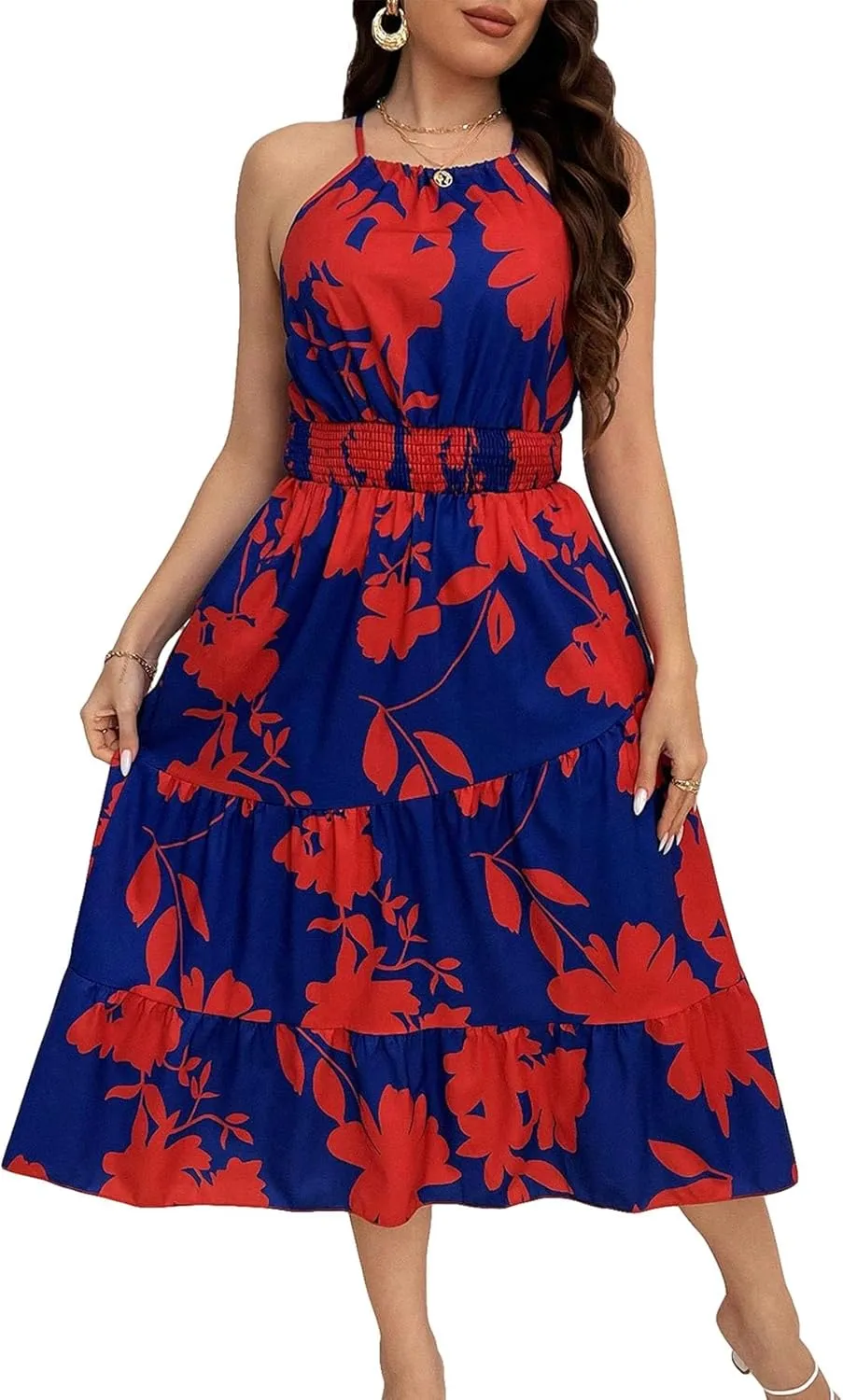 Floerns Women's Plus Size Boho Sleeveless Halter Neck Tie Back A Line Long Dress