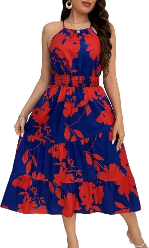 Floerns Women's Plus Size Boho Sleeveless Halter Neck Tie Back A Line Long Dress
