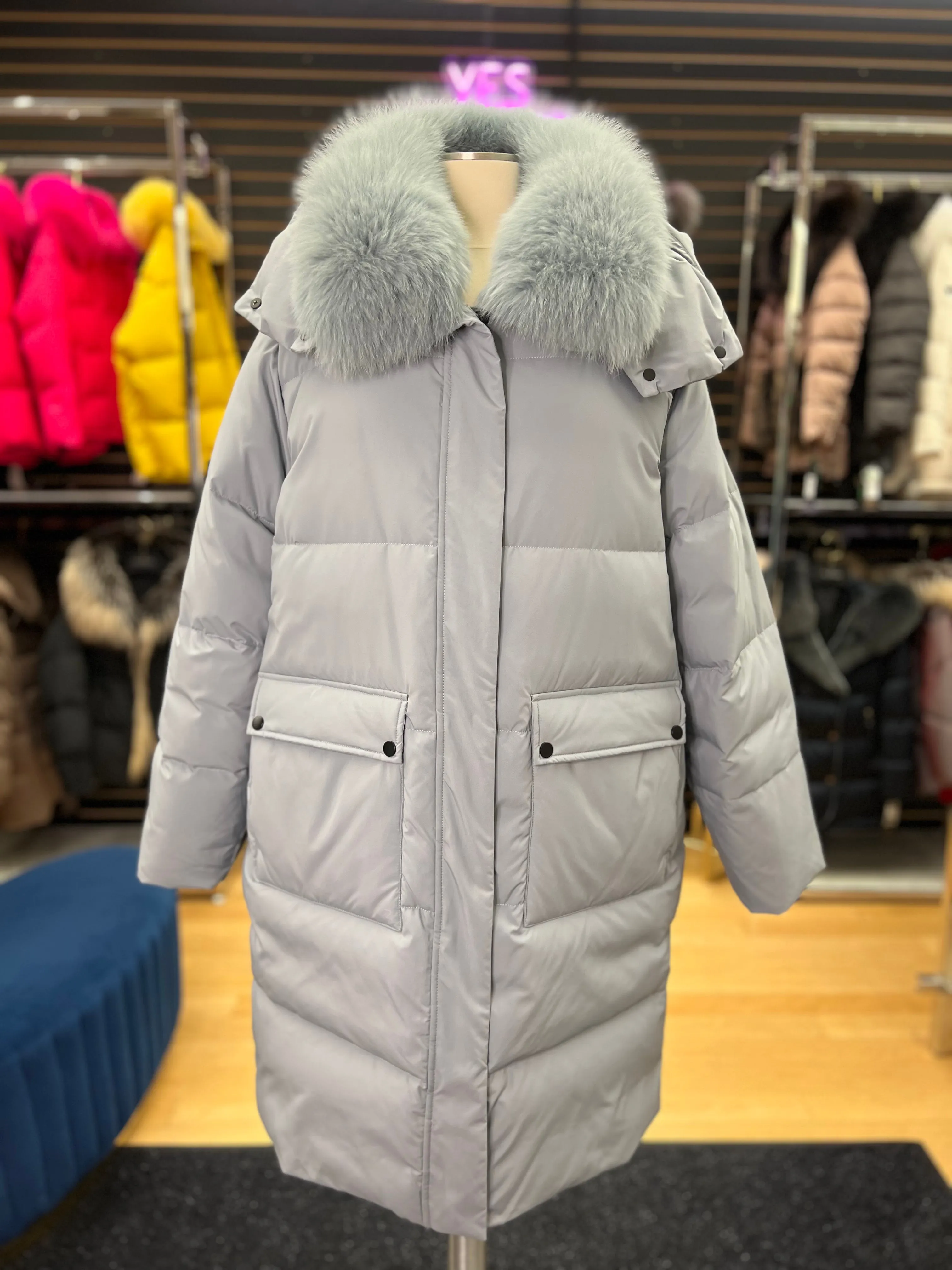 Genuine Polar Fox Fur Trim Down Fill Coat
