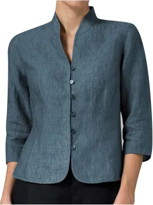 HGps8w Women's Linen Shirts Retro Mandarin Collar Chinese Frog Button 3/4 Sleeve Button Down Blouse Tops