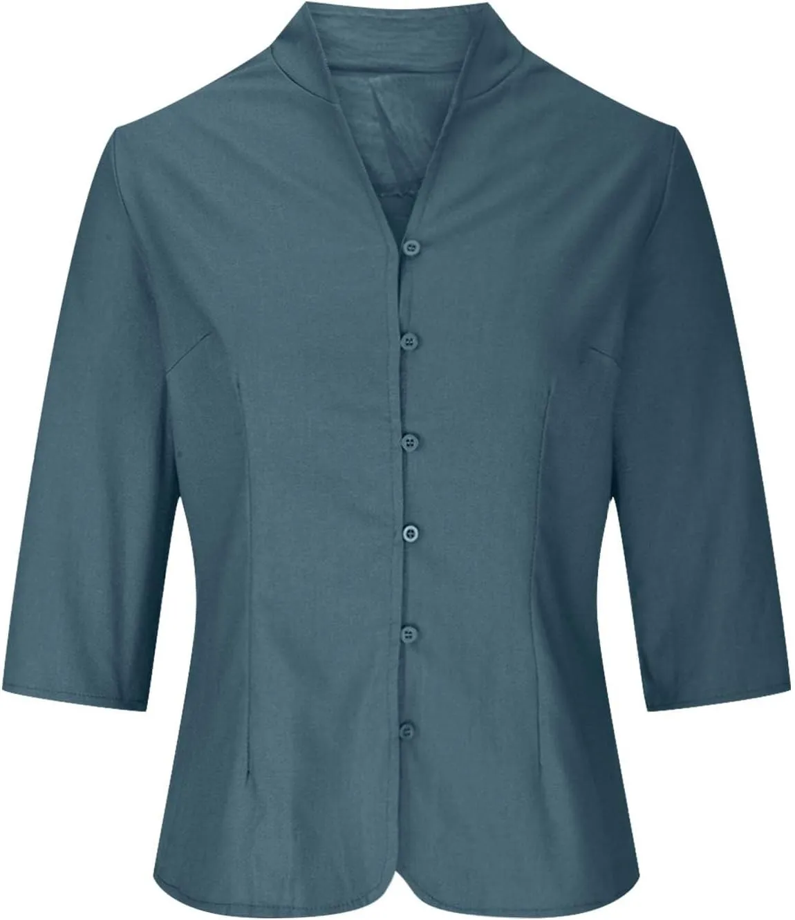 HGps8w Women's Linen Shirts Retro Mandarin Collar Chinese Frog Button 3/4 Sleeve Button Down Blouse Tops