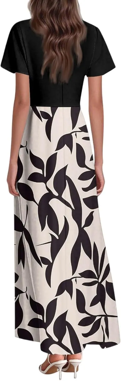 Long Maxi Dresses for Women Elegant 2025 Vacation V Neck Floral Summer Flowy Short Sleeve Empire Waist Dress