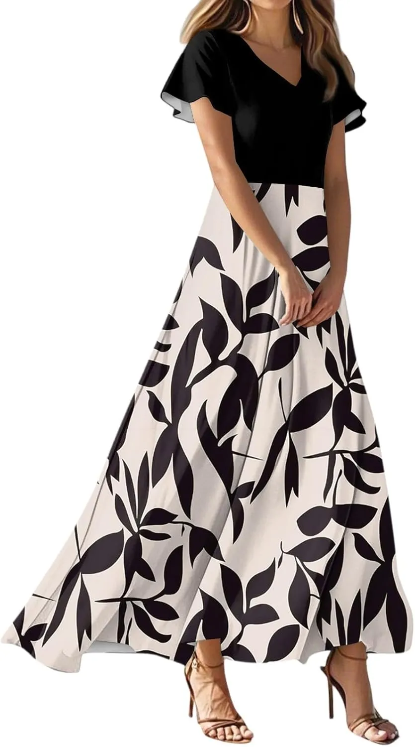 Long Maxi Dresses for Women Elegant 2025 Vacation V Neck Floral Summer Flowy Short Sleeve Empire Waist Dress