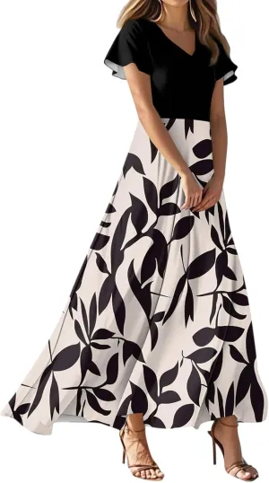 Long Maxi Dresses for Women Elegant 2025 Vacation V Neck Floral Summer Flowy Short Sleeve Empire Waist Dress