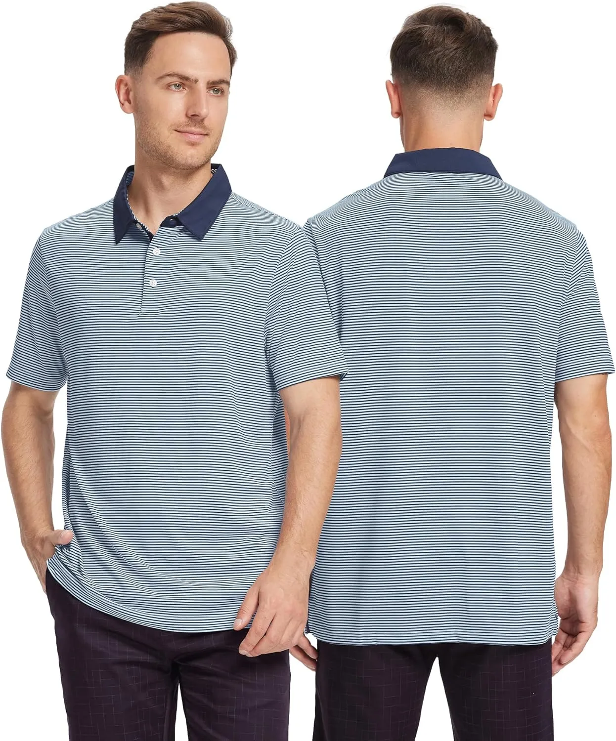 Mens Golf Polo Shirt Moisture Wicking Dry Fit Performance Athletic Short Sleeve Striped Golf Shirts for Men