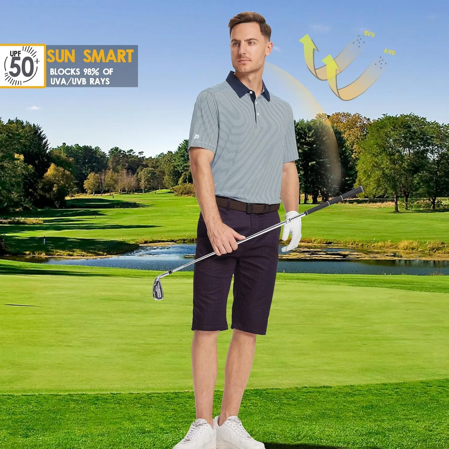 Mens Golf Polo Shirt Moisture Wicking Dry Fit Performance Athletic Short Sleeve Striped Golf Shirts for Men