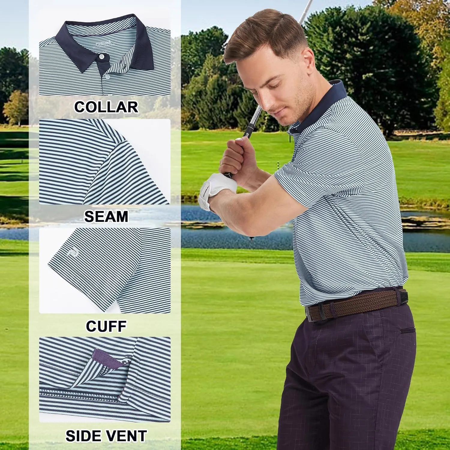 Mens Golf Polo Shirt Moisture Wicking Dry Fit Performance Athletic Short Sleeve Striped Golf Shirts for Men