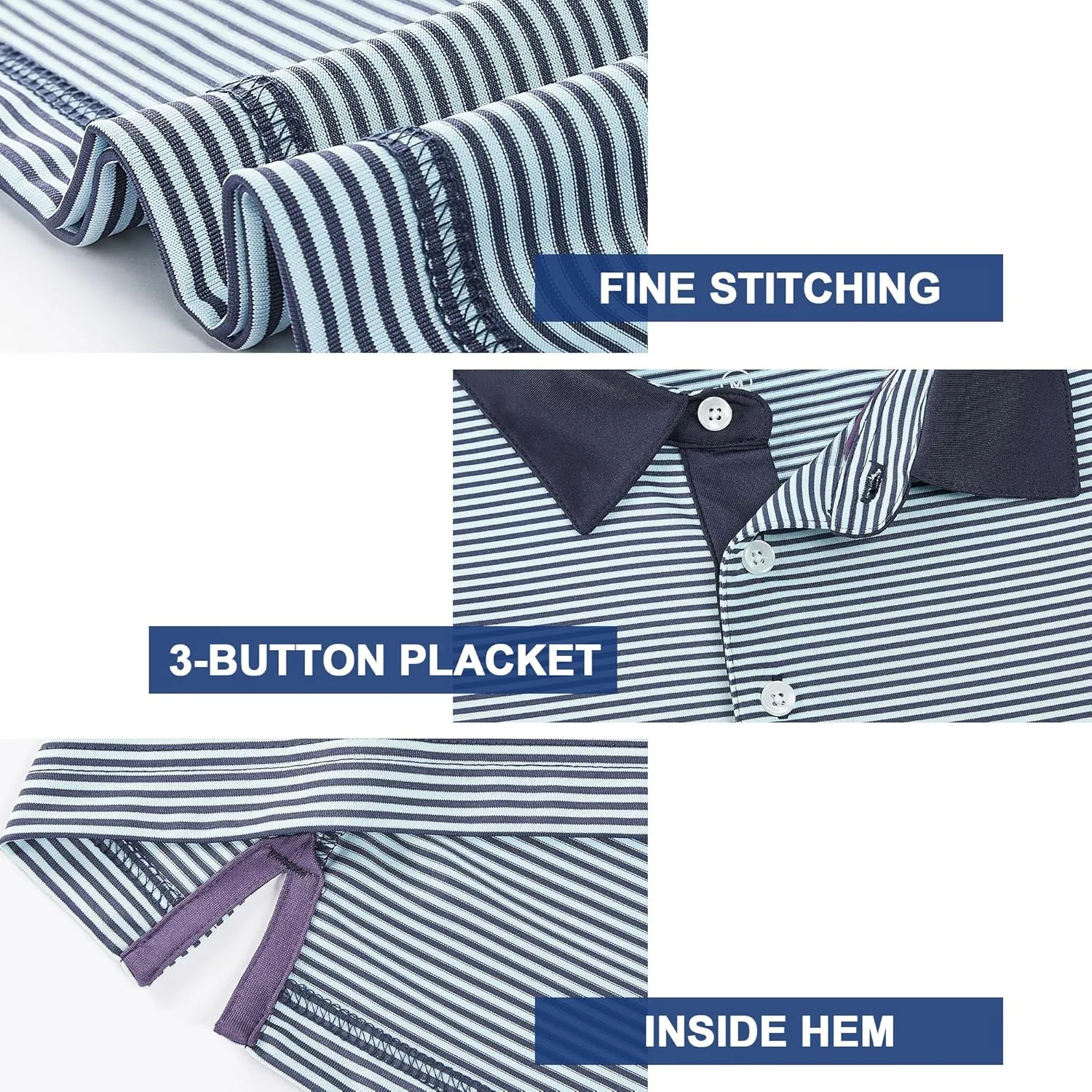 Mens Golf Polo Shirt Moisture Wicking Dry Fit Performance Athletic Short Sleeve Striped Golf Shirts for Men