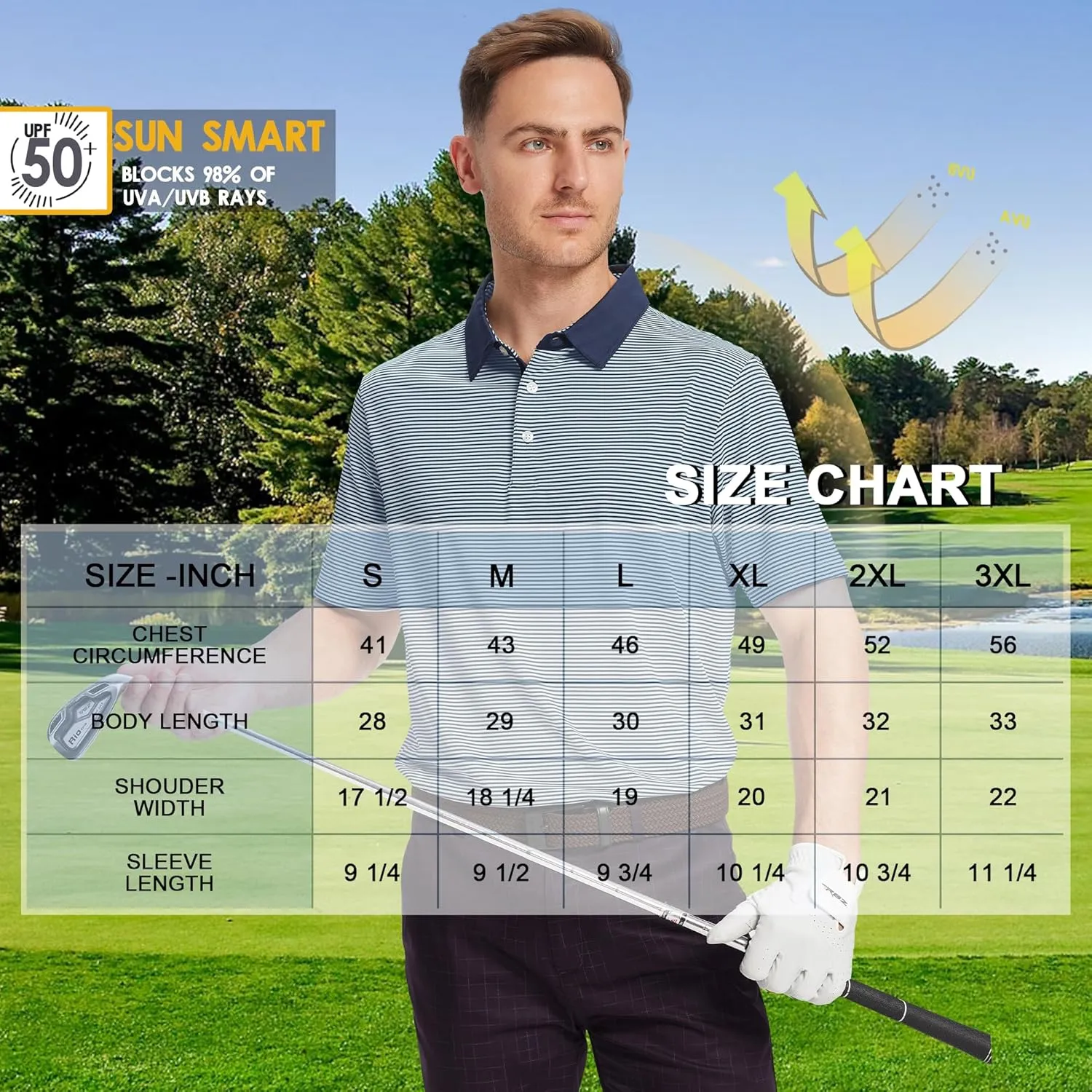 Mens Golf Polo Shirt Moisture Wicking Dry Fit Performance Athletic Short Sleeve Striped Golf Shirts for Men