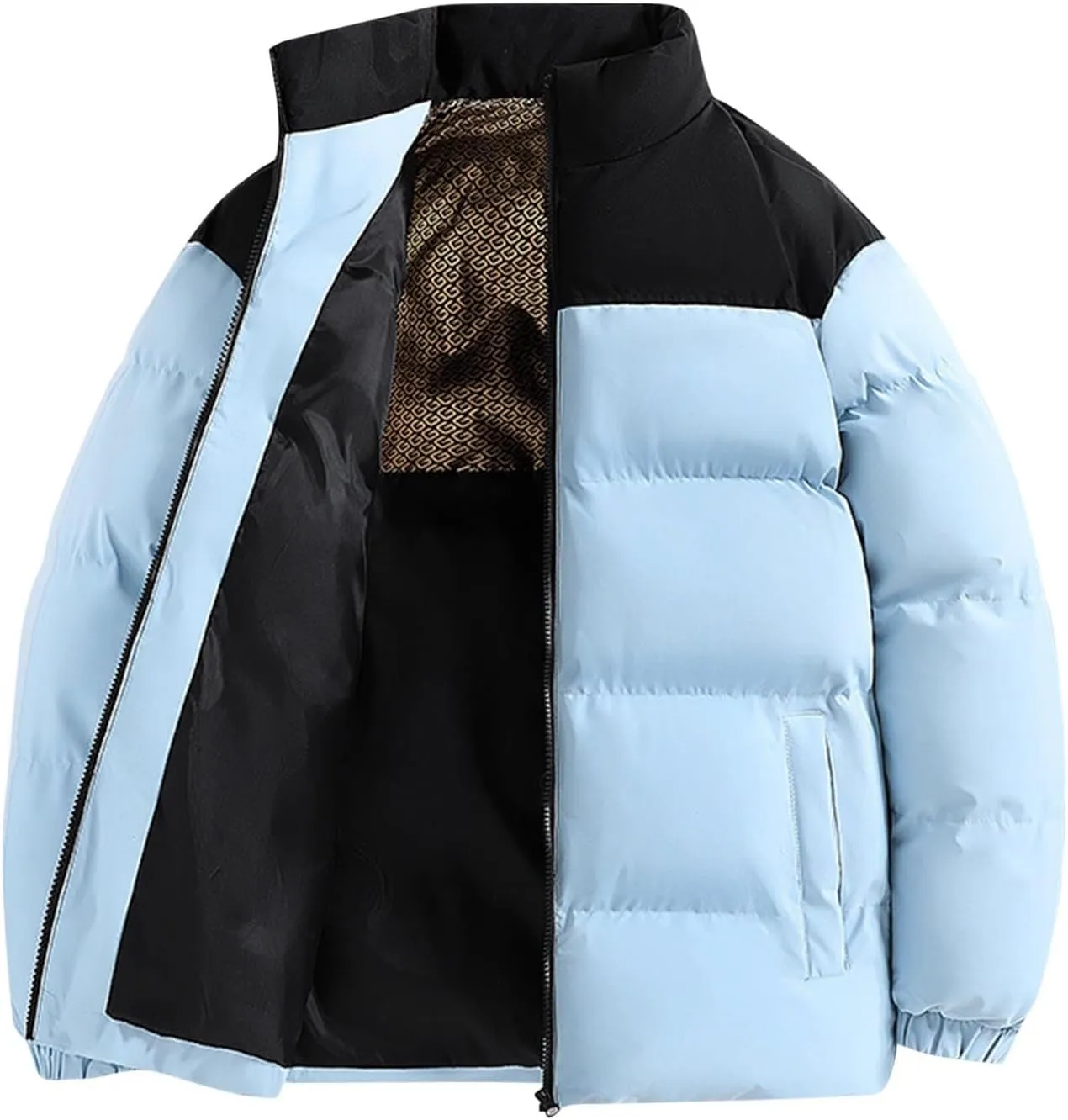 Men's Puffer Jacket Stand Collar Quilted Coat Plus Size Down Jacket Zip up Padded Coat Warm Winter Jacket with Pockets