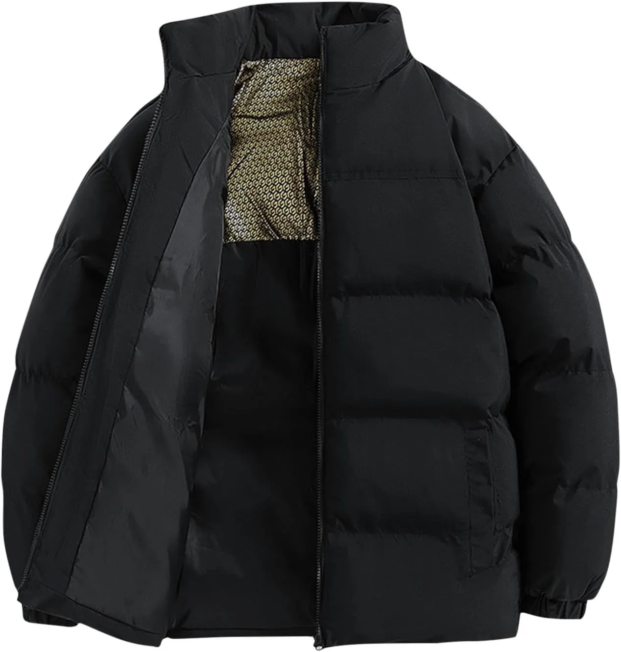 Men's Puffer Jacket Stand Collar Quilted Coat Plus Size Down Jacket Zip up Padded Coat Warm Winter Jacket with Pockets