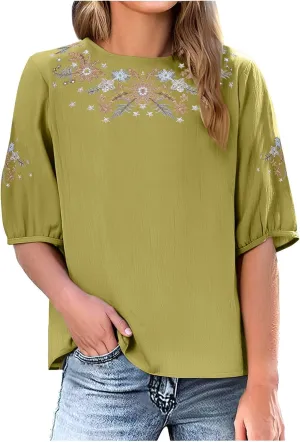 Mexican Embroidered Tops for Women Cotton Linen Shirts Casual Short Sleeve Tunics Summer Round Neck Blouses