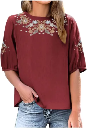 Mexican Embroidered Tops for Women Cotton Linen Shirts Casual Short Sleeve Tunics Summer Round Neck Blouses