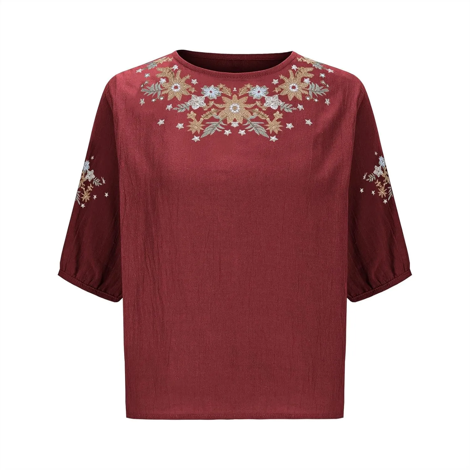 Mexican Embroidered Tops for Women Cotton Linen Shirts Casual Short Sleeve Tunics Summer Round Neck Blouses
