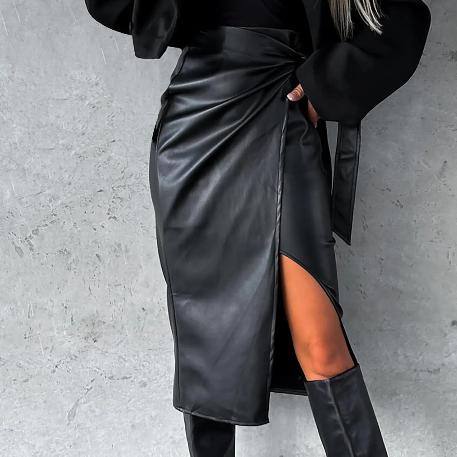 NATHGAM Womens PU Leather Slit Ruched High Waisted Elegant Party Midi Pencil Skirt Fashion Faux Leather Bodycon Basic Skirts
