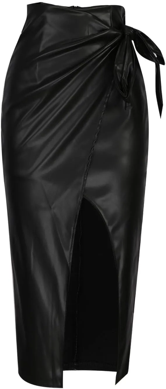 NATHGAM Womens PU Leather Slit Ruched High Waisted Elegant Party Midi Pencil Skirt Fashion Faux Leather Bodycon Basic Skirts