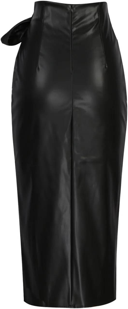 NATHGAM Womens PU Leather Slit Ruched High Waisted Elegant Party Midi Pencil Skirt Fashion Faux Leather Bodycon Basic Skirts
