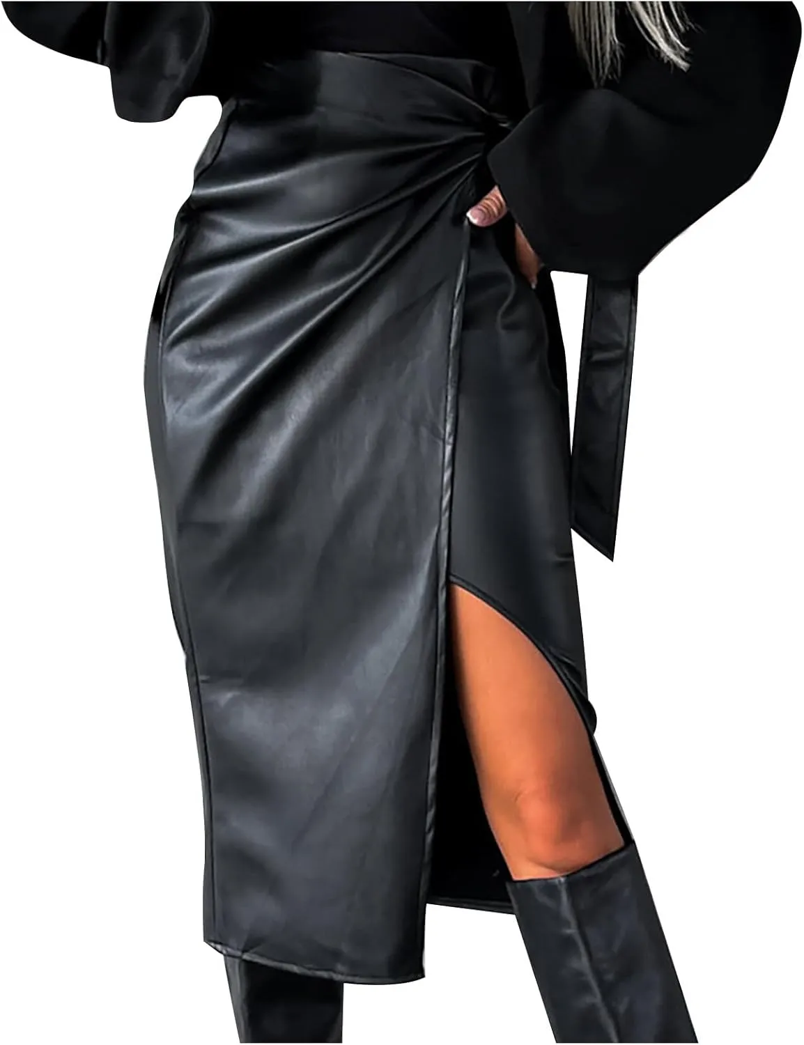 NATHGAM Womens PU Leather Slit Ruched High Waisted Elegant Party Midi Pencil Skirt Fashion Faux Leather Bodycon Basic Skirts