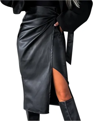 NATHGAM Womens PU Leather Slit Ruched High Waisted Elegant Party Midi Pencil Skirt Fashion Faux Leather Bodycon Basic Skirts