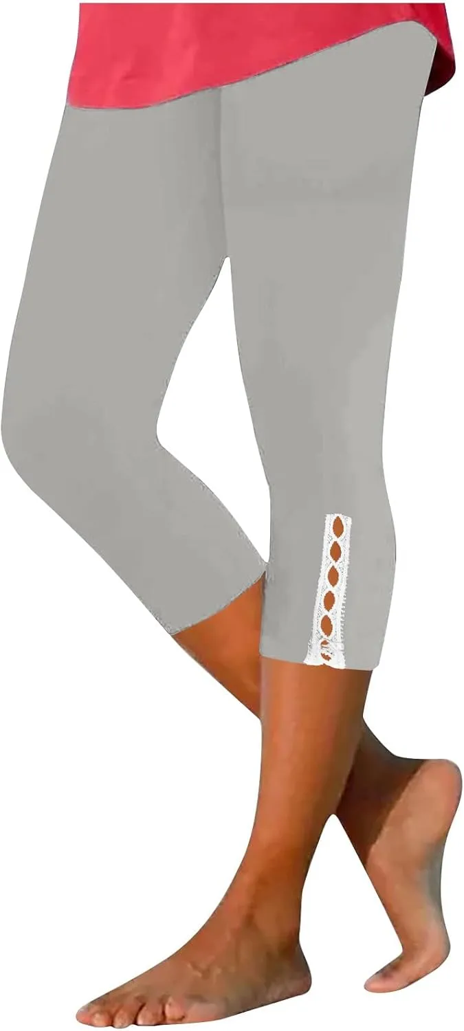 New Leggings for Women Lace Capri Slim Fit Yoga Pants Soft Lace Hem Stretch Crop Tights Comfy Workout Running Pant