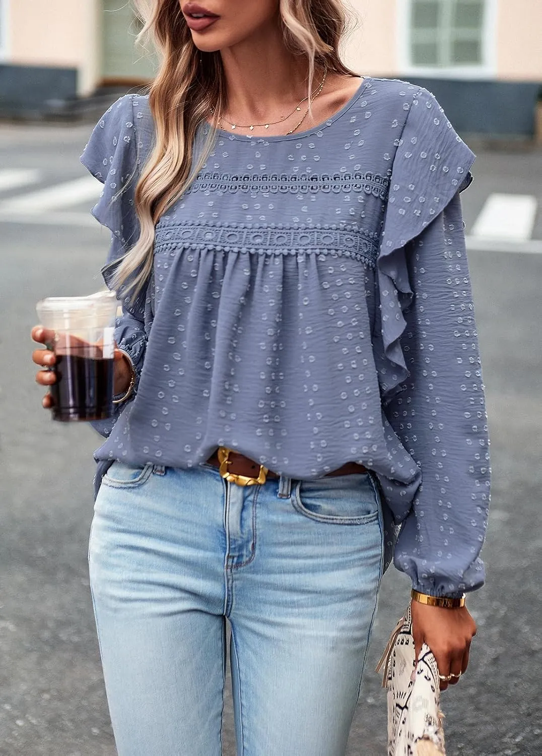 PRETTYGARDEN Women's Long Sleeve Blouses Ruffle Swiss Dot Crochet Loose Fit 2025 Spring Fall Tunic Dressy Casual Tops