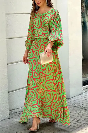 Print Bat Blouse Maxi Skirts Set