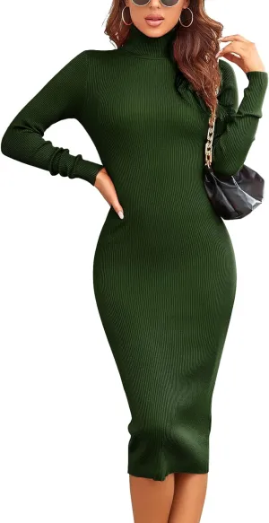 Rocorose Women's Turtleneck Ribbed Elbow Long Sleeve Knit Sweater Dress
