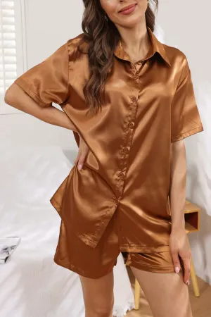 Satin Solid Shirt Shorts Loungewear