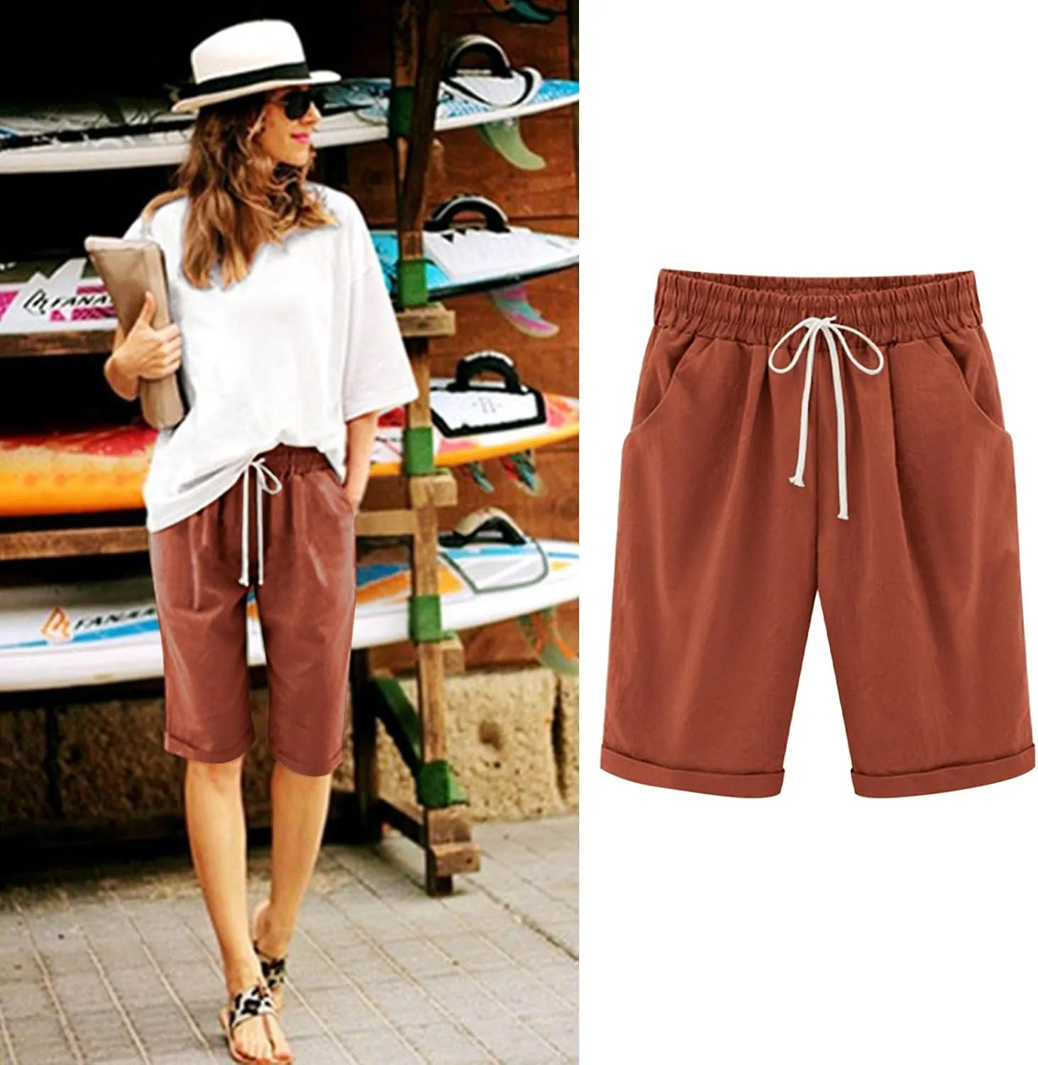 Shorts for Women Summer Beach Lounge Shorts Casual Drawstring Elastic Waist Loose Fit Bermuda Shorts with Pockets