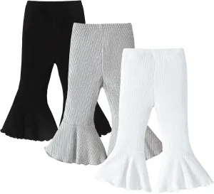 SOBOWO Baby Girl Flare Pants 3 Pack Toddler Solid Ribbed Ruffle Bell Bottoms Pants Trousers Fall Outfits