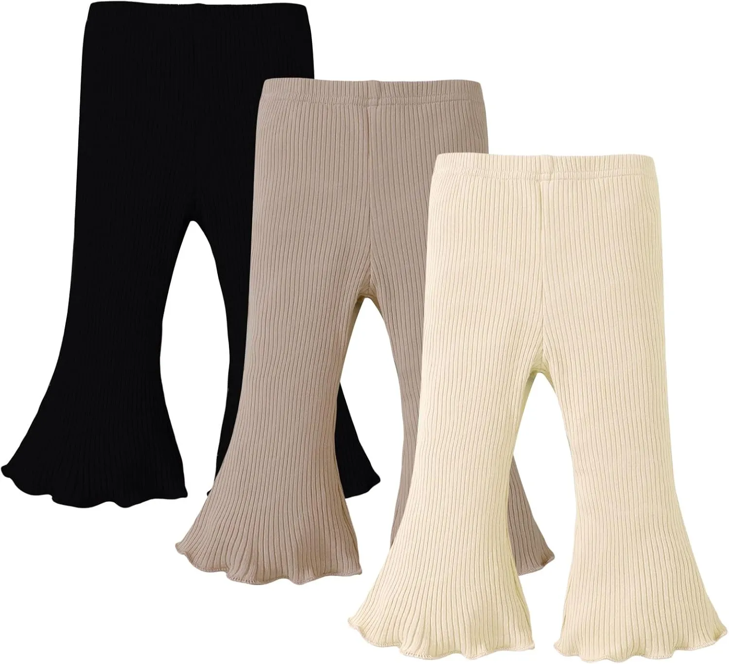 SOBOWO Baby Girl Flare Pants 3 Pack Toddler Solid Ribbed Ruffle Bell Bottoms Pants Trousers Fall Outfits