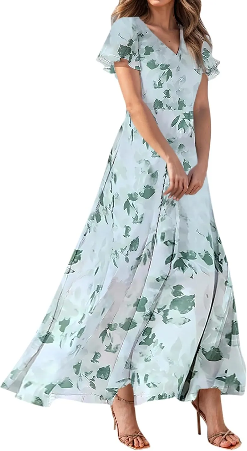 Summer Dresses for Women 2025 Flowy Floral Maxi Dress Elegant Empire Waist Beach Dresses