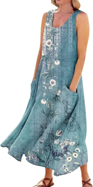 Summer Dresses for Women 2025,Linen Summer Sleeveless Solid Casual Baggy Flowy Maxi Vacation Long Dresses with Pockets
