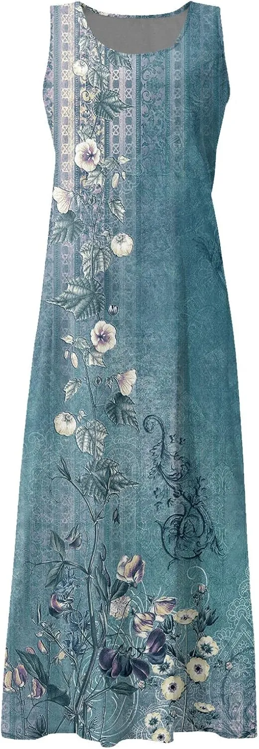 Summer Dresses for Women 2025,Linen Summer Sleeveless Solid Casual Baggy Flowy Maxi Vacation Long Dresses with Pockets