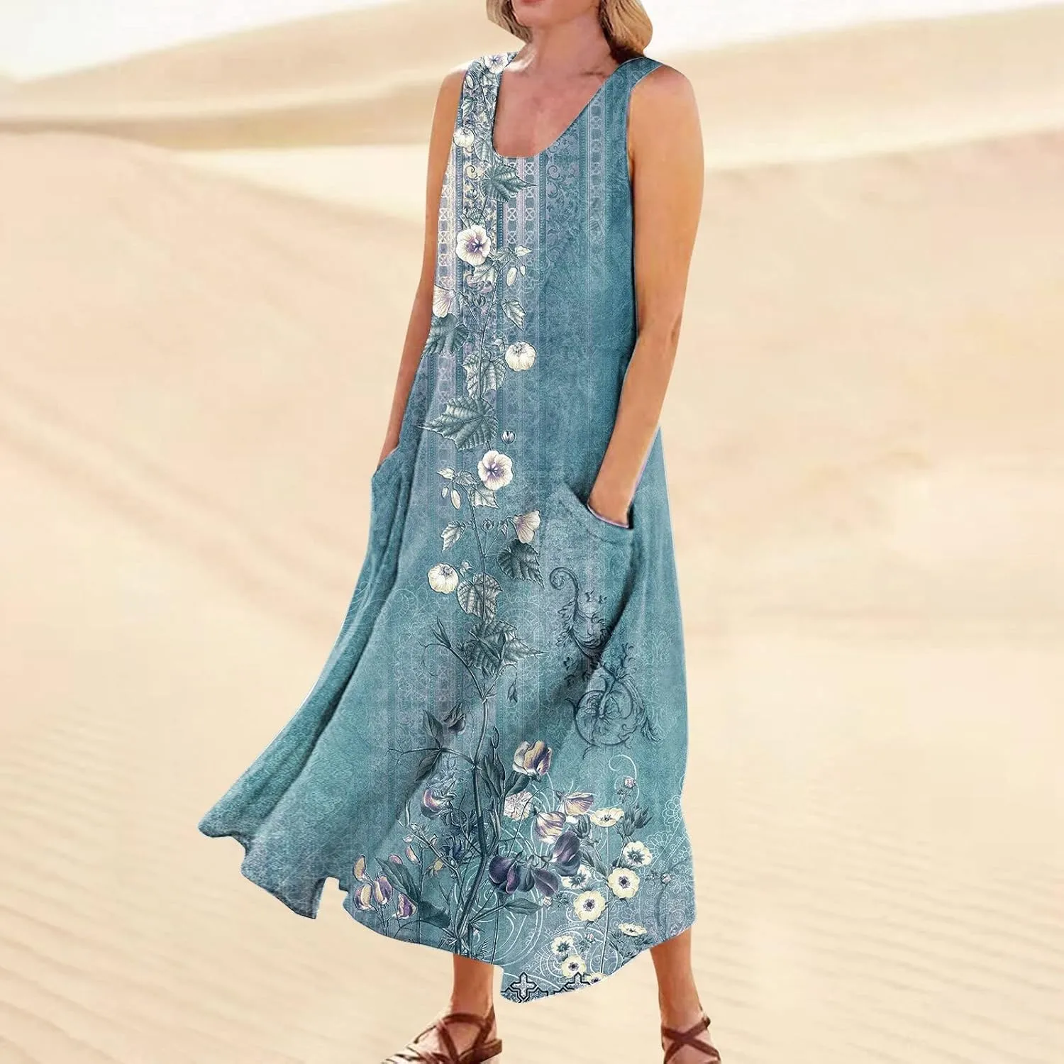 Summer Dresses for Women 2025,Linen Summer Sleeveless Solid Casual Baggy Flowy Maxi Vacation Long Dresses with Pockets