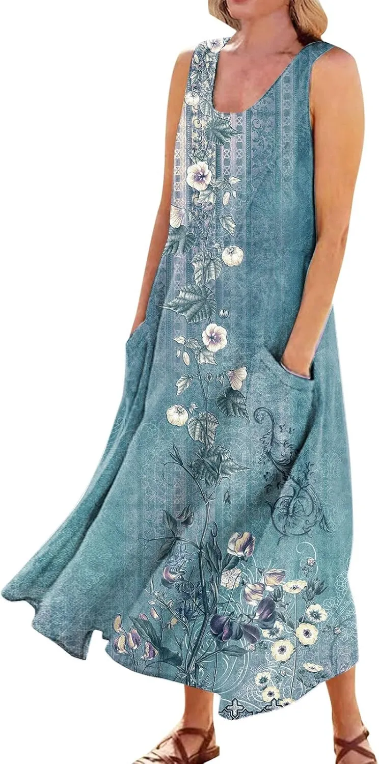 Summer Dresses for Women 2025,Linen Summer Sleeveless Solid Casual Baggy Flowy Maxi Vacation Long Dresses with Pockets