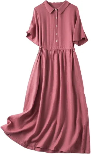 Summer Linen Dresses for Women 2025 Short Sleeve Button Shirt Dress Lapel Vneck Casual Beach Vacation Maxi Dresses