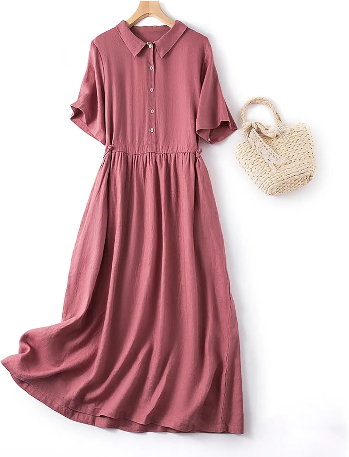 Summer Linen Dresses for Women 2025 Short Sleeve Button Shirt Dress Lapel Vneck Casual Beach Vacation Maxi Dresses
